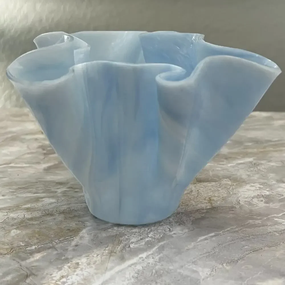 Art Glass Vase Opalescent Blue White Ruffled Handkerchief Murano Style